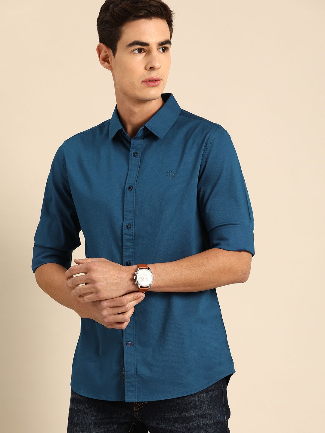 Being Human Men Teal Blue Slim Fit Solid Casual Shirt