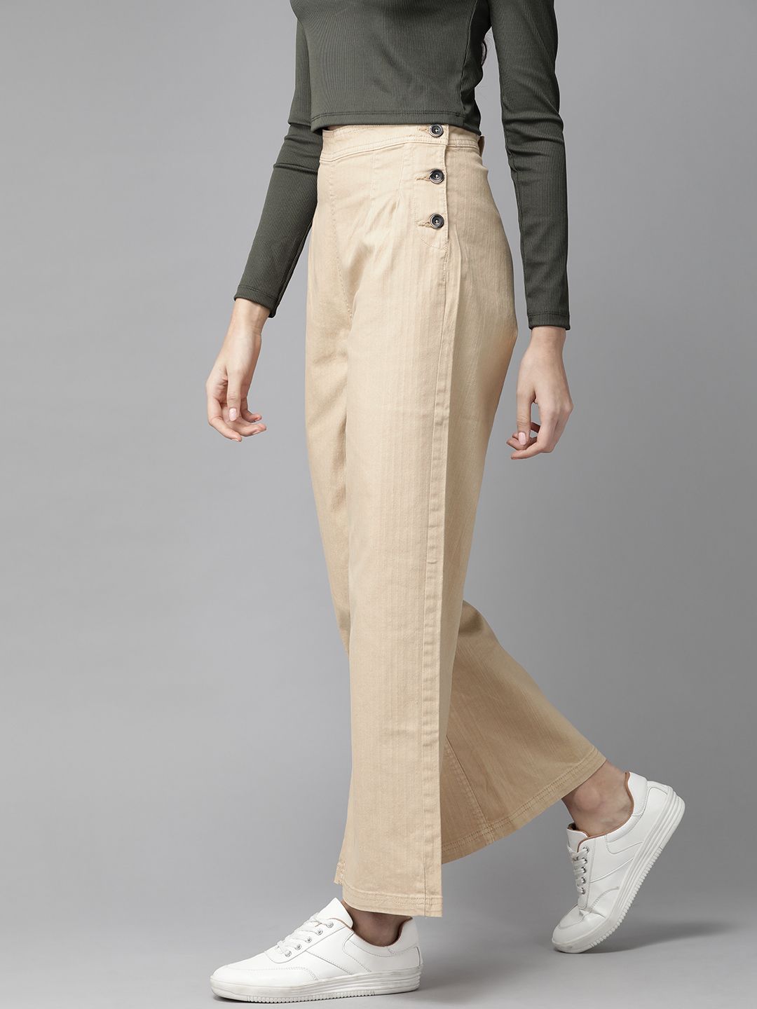 Roadster Women Beige Regular Fit High-Rise Self-Striped Trousers Price in India
