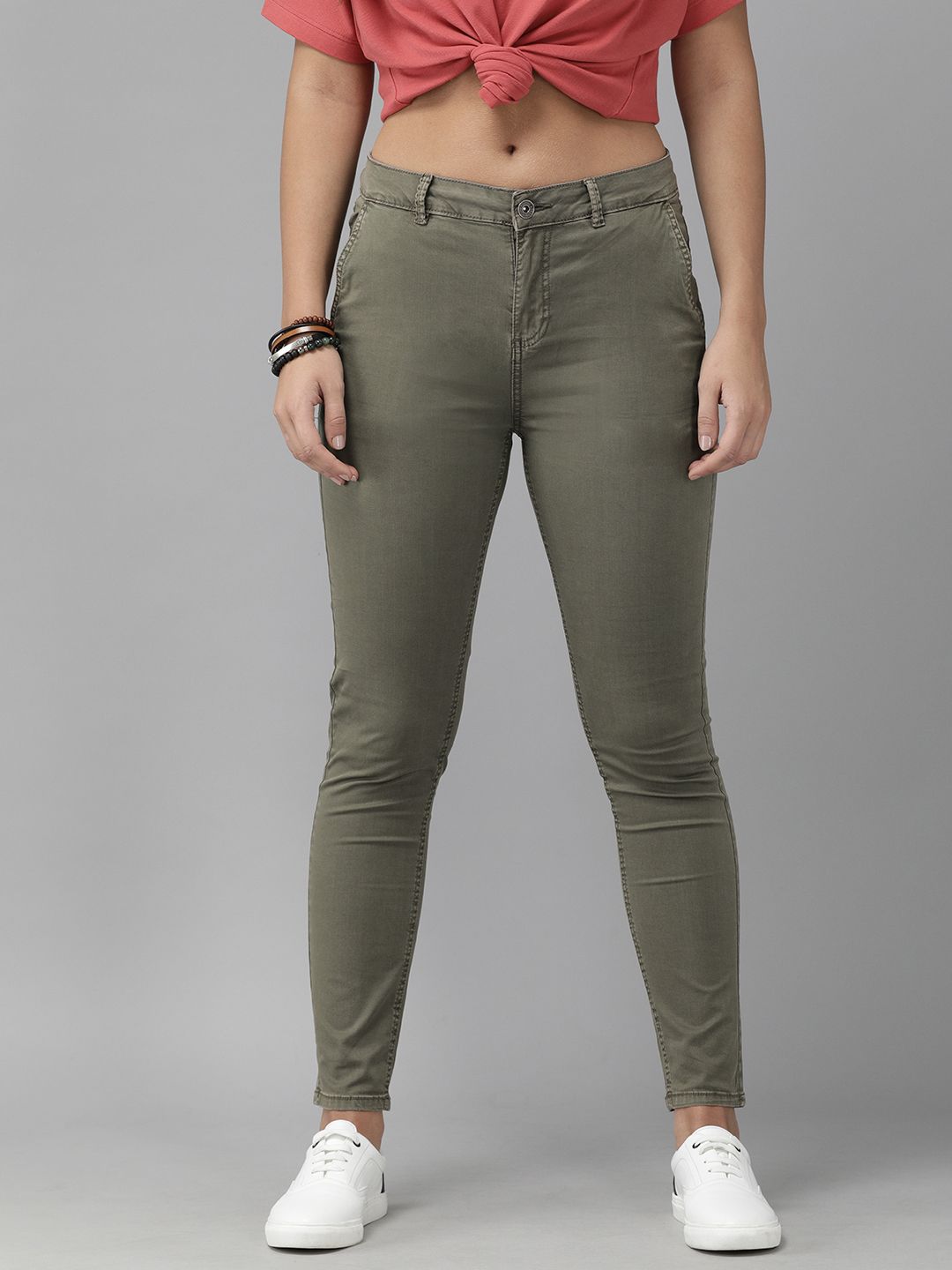 Roadster Women Olive Green Regular Fit Solid Chinos