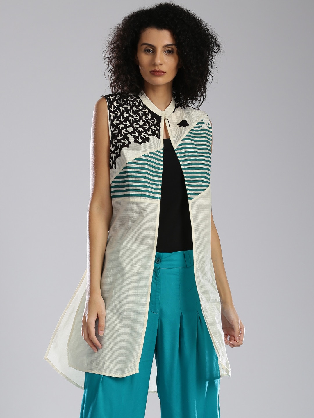 W Off-White Self-Striped Ethnic Jacket Price in India