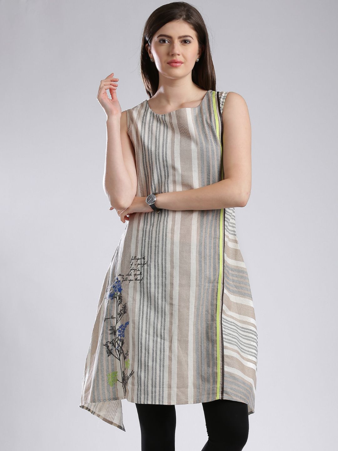 W W Women Beige Striped Asymmetrical Hem A-Line Kurta