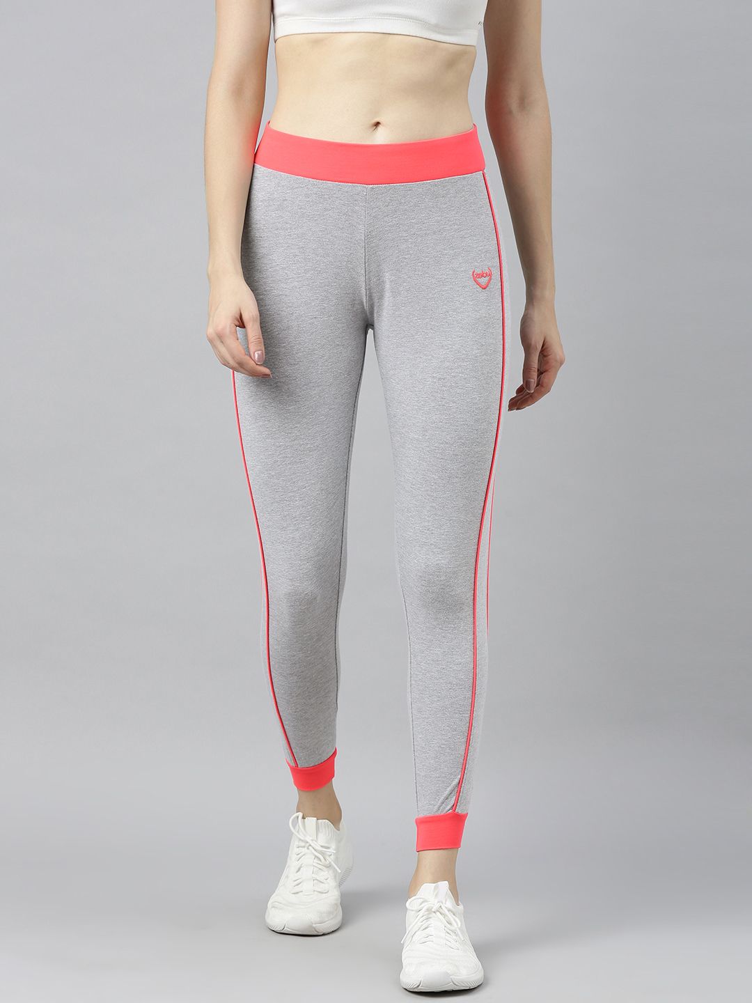 Zebu Women Grey Melange Solid Skinny-Fit Cropped Joggers with Side Stripe Detail Price in India