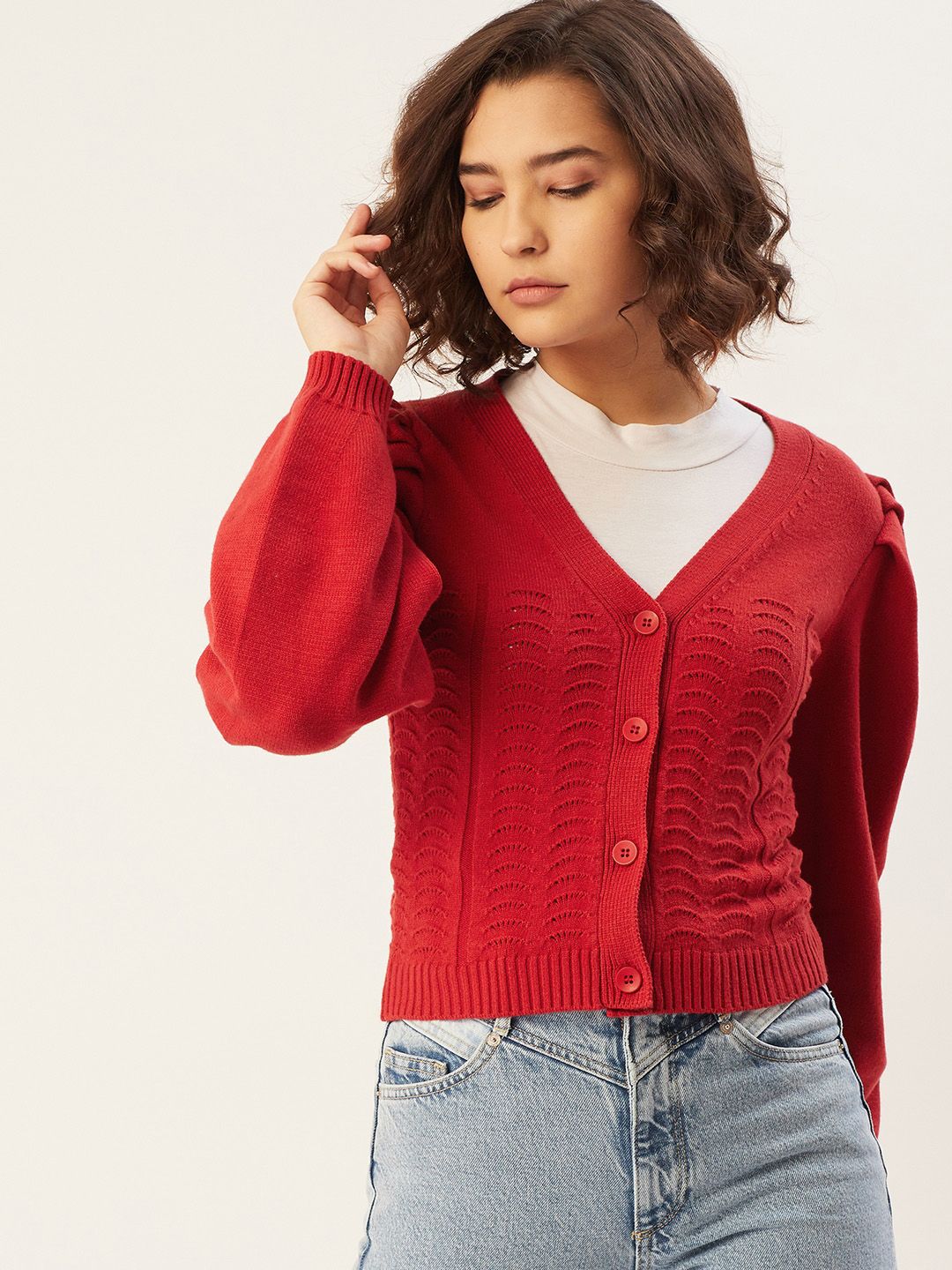 MANGO Women Red Self-Design Puff Sleeves Cardigan Price in India