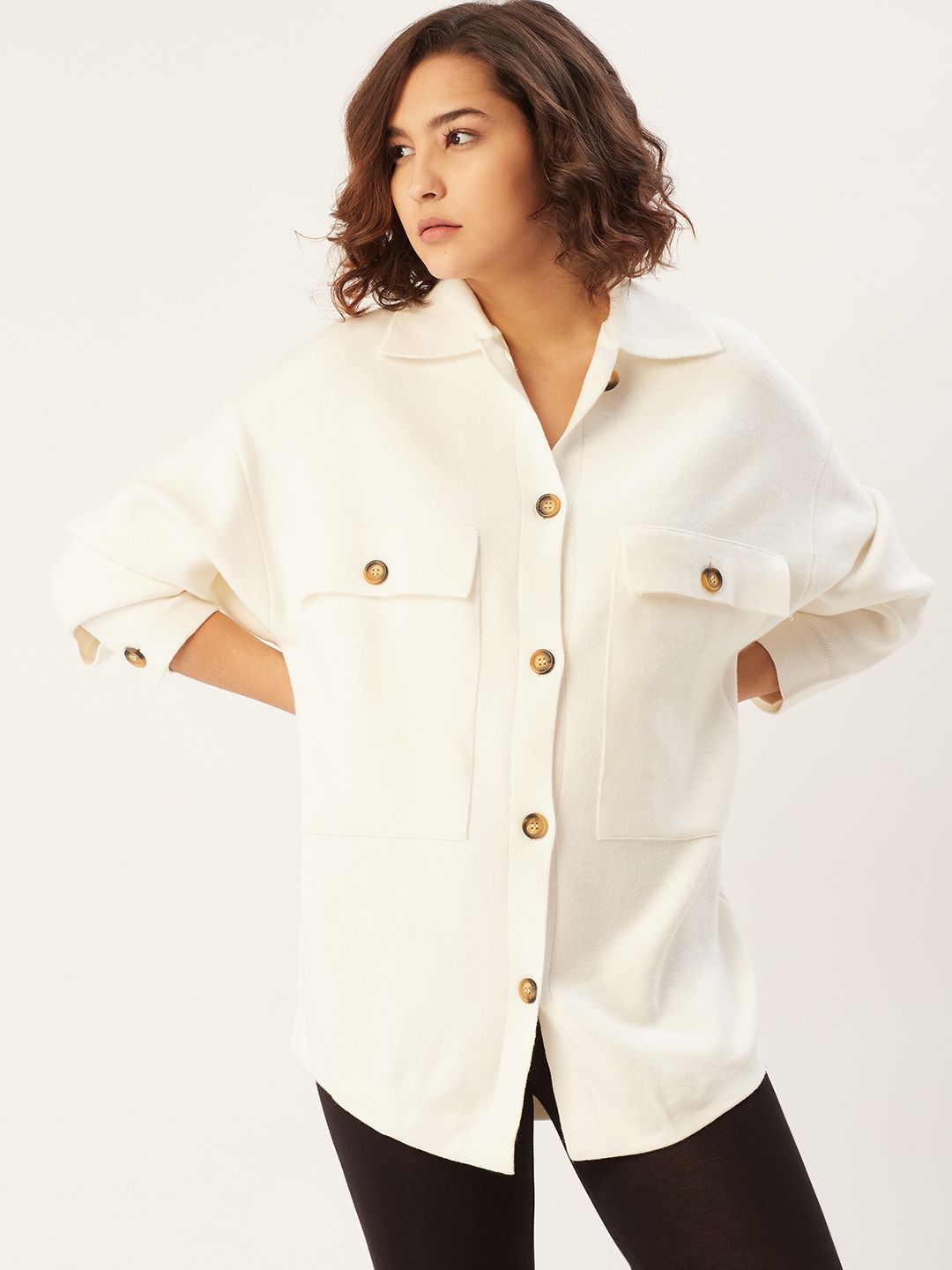 MANGO Women Off White Solid Oversized Shirt Cardigan Price in India