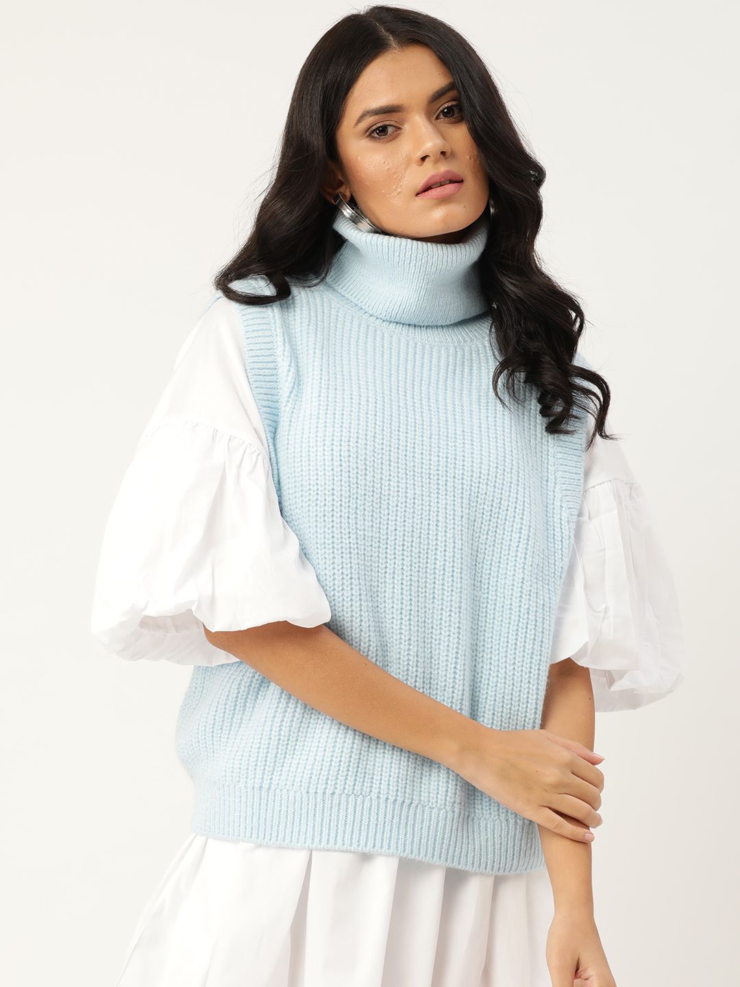 MANGO Women Blue Turtle Neck Solid Pullover Price in India