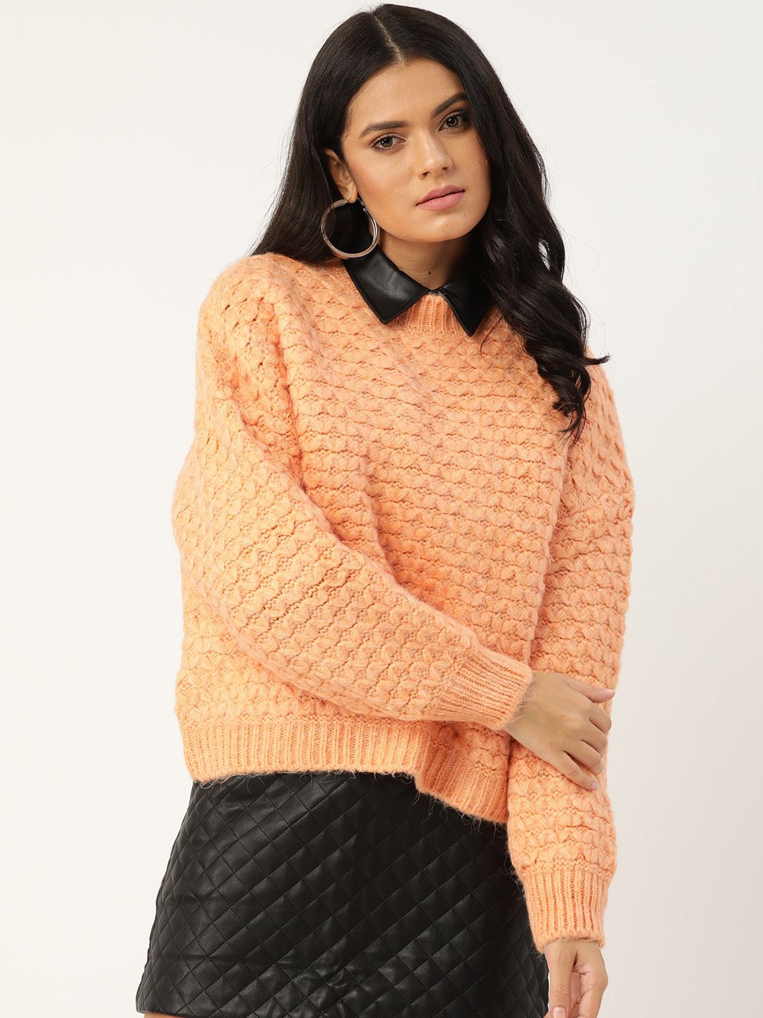 MANGO Women Peach-Coloured Self-Design Pullover Price in India