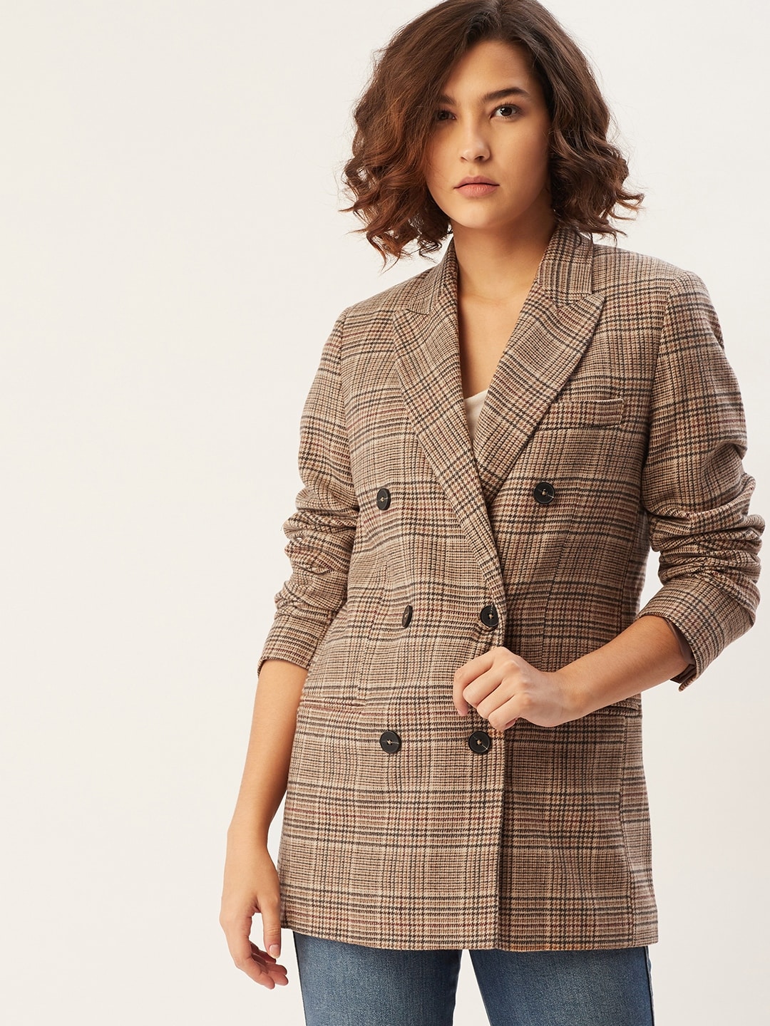 MANGO Women Beige & Black Checked Sustainable Single-Breasted Blazer Price in India
