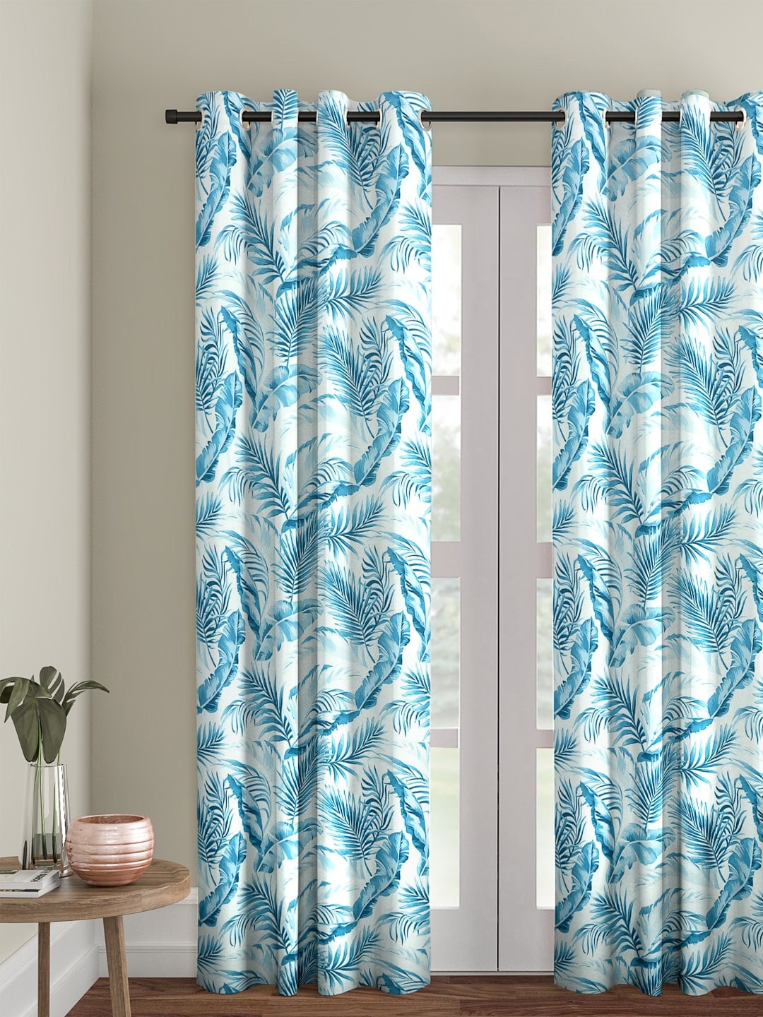 Cortina White & Blue Floral Print Single Regular Curtain Price in India
