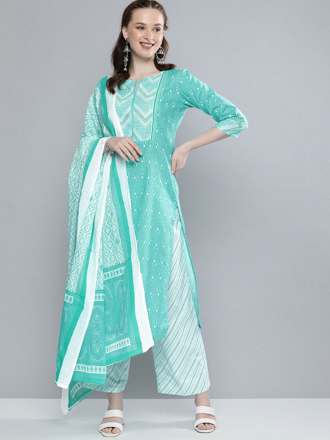 Vishudh Women Sea Green & Off-White Printed Kurta with Palazzos & Dupatta Price in India