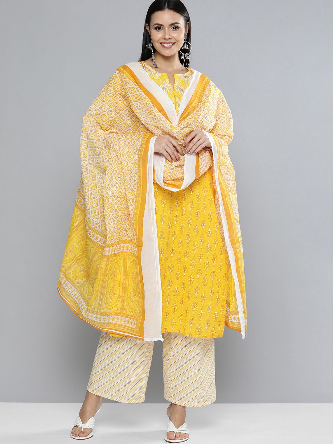 Vishudh Women Yellow & Off-White Printed Kurta with Trousers & Dupatta