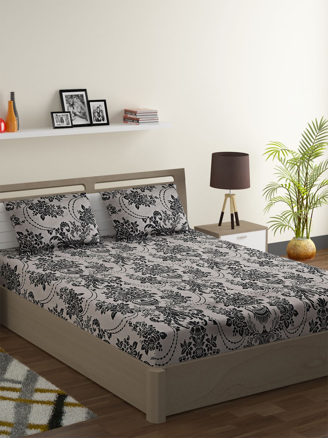 SWAYAM Black & White Ethnic Motifs 120 TC Cotton 1  King Bedsheet with 2 Pillow Covers Price in India