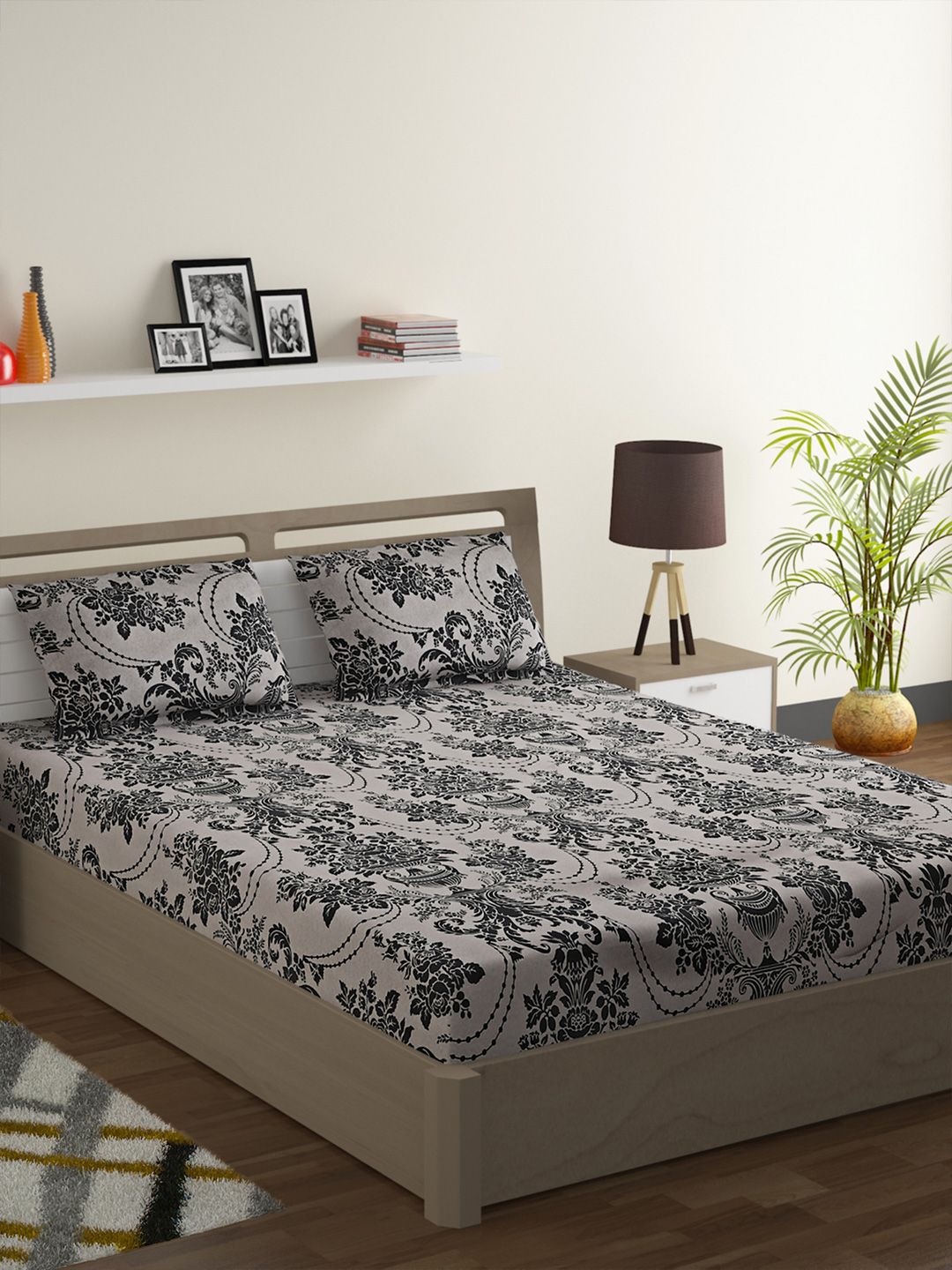 SWAYAM Grey & Black Ethnic Motifs 120 TC Cotton 1 Queen Bedsheet with 2 Pillow Covers Price in India