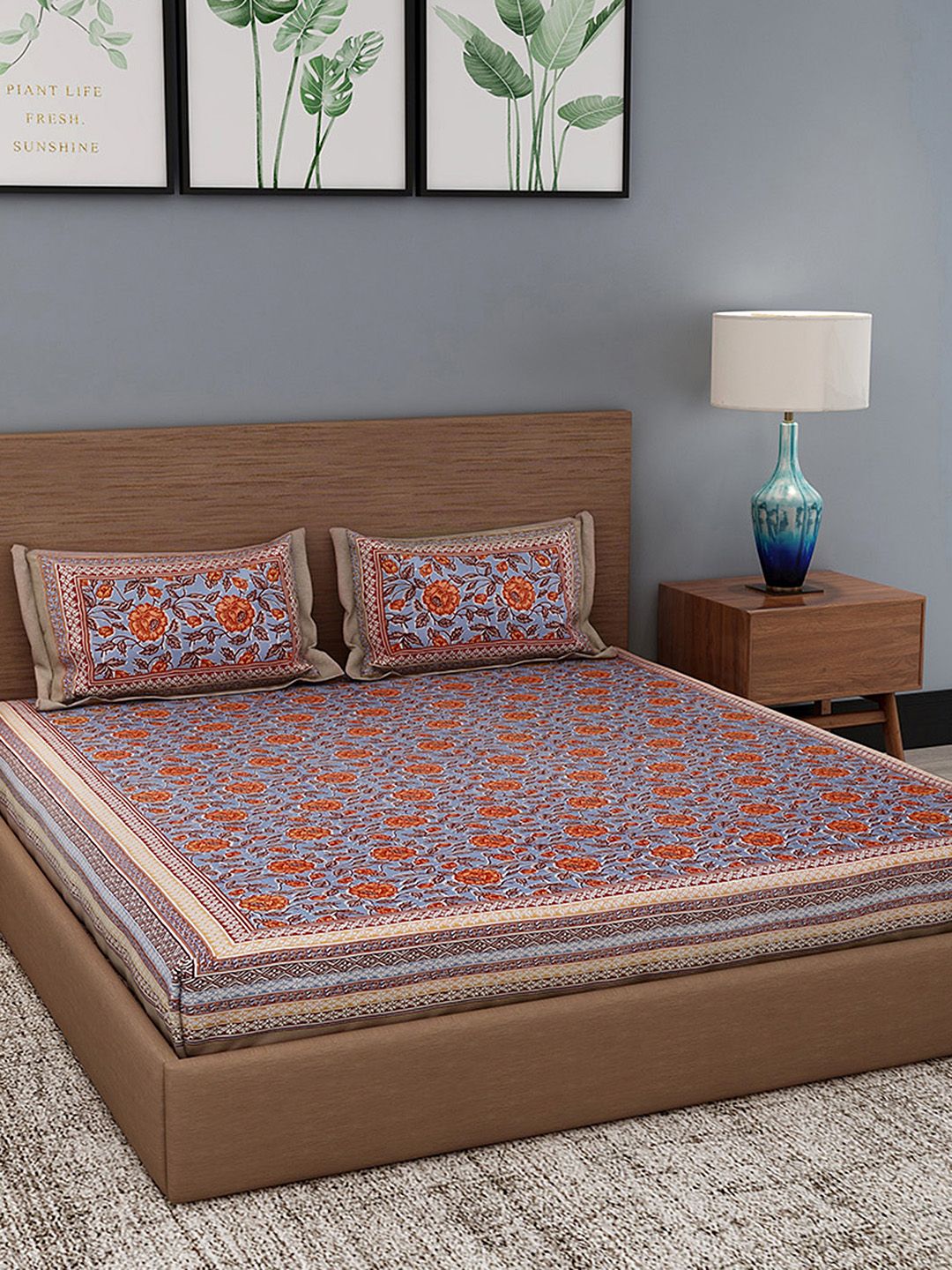Gulaab Jaipur Blue & Brown Handblock Print 350 TC 1 King Bedsheet with 2 Pillow Covers Price in India