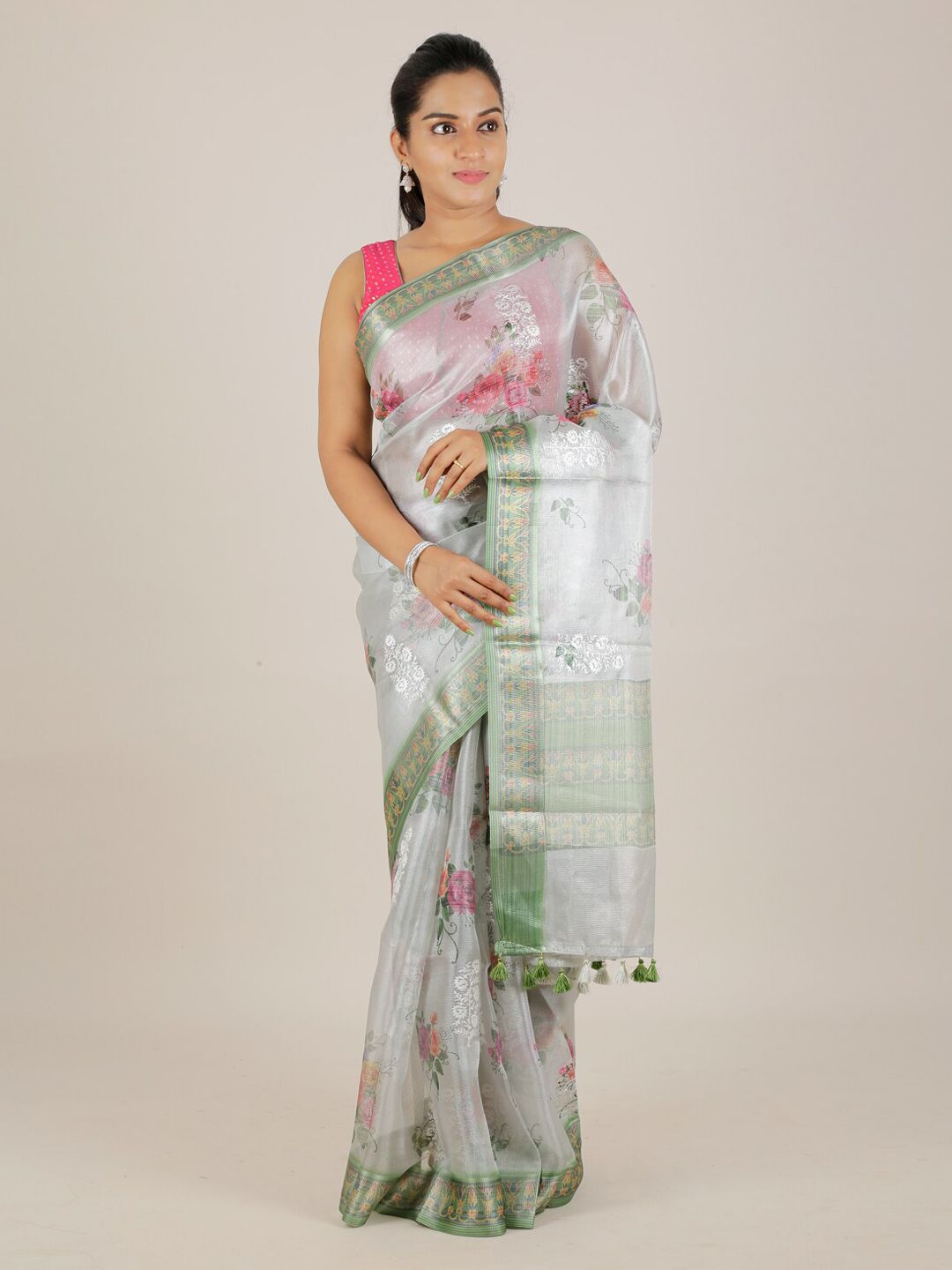 Pothys Grey Printed Tissue Saree