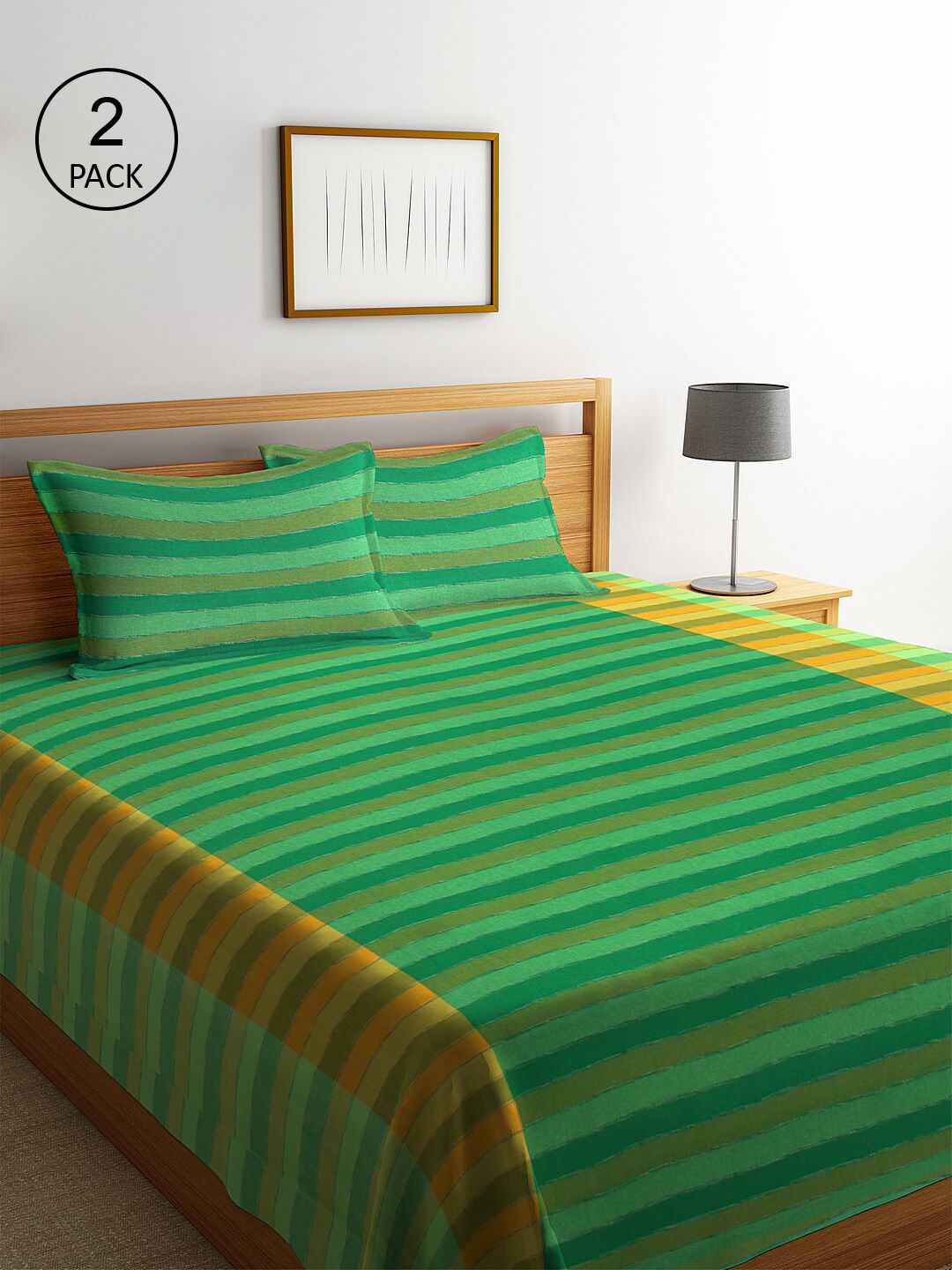 KLOTTHE Set Of 2 Green & Yellow Striped Double King Bed Covers With Pillow Covers Price in India
