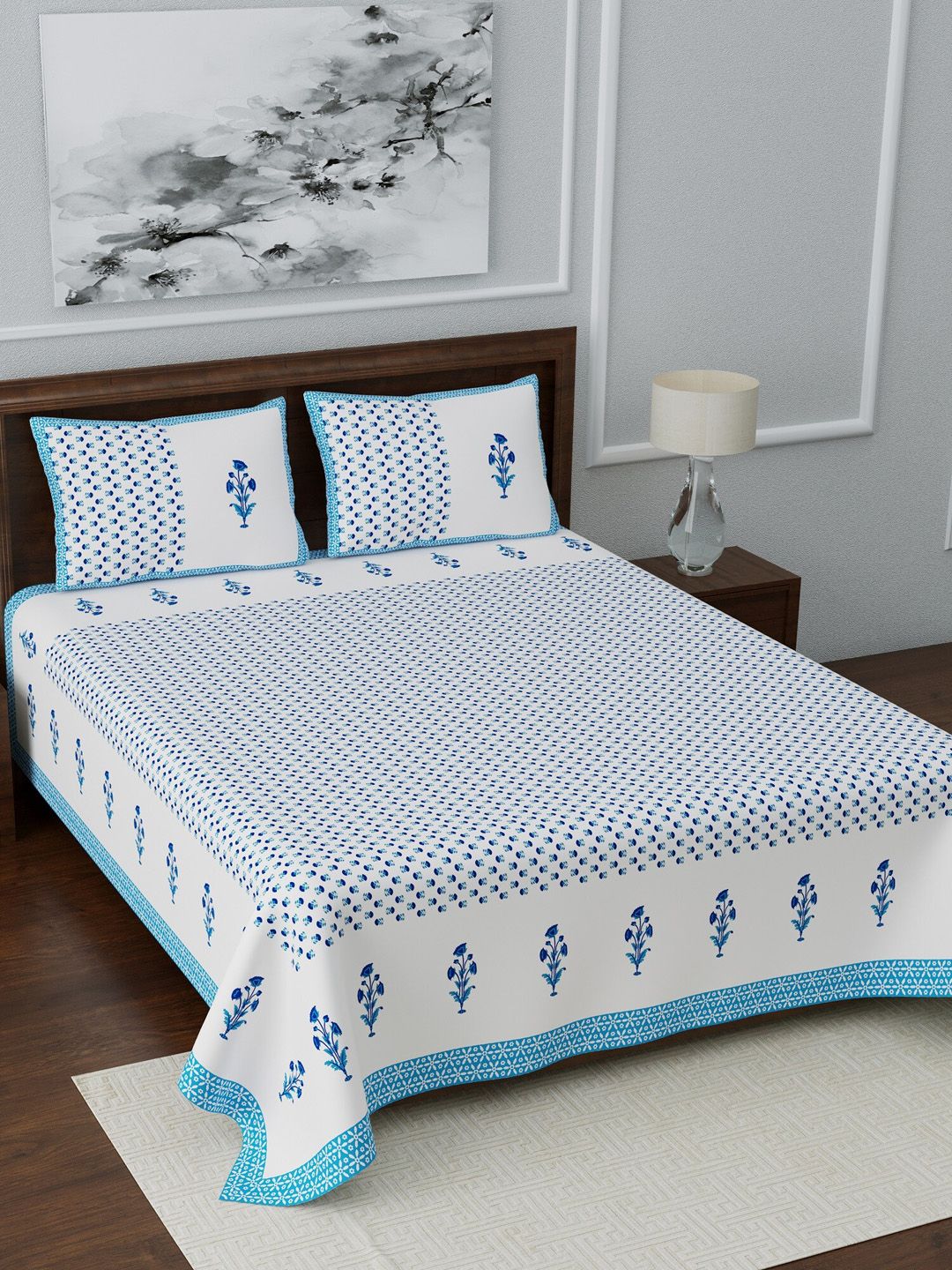 LIVING ROOTS Blue & White Floral 210 TC Cotton 1 King Bedsheet with 2 Pillow Covers Price in India