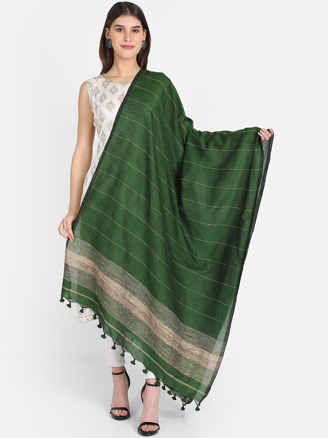 THE WEAVE TRAVELLER Women Green Striped Dupatta Price in India