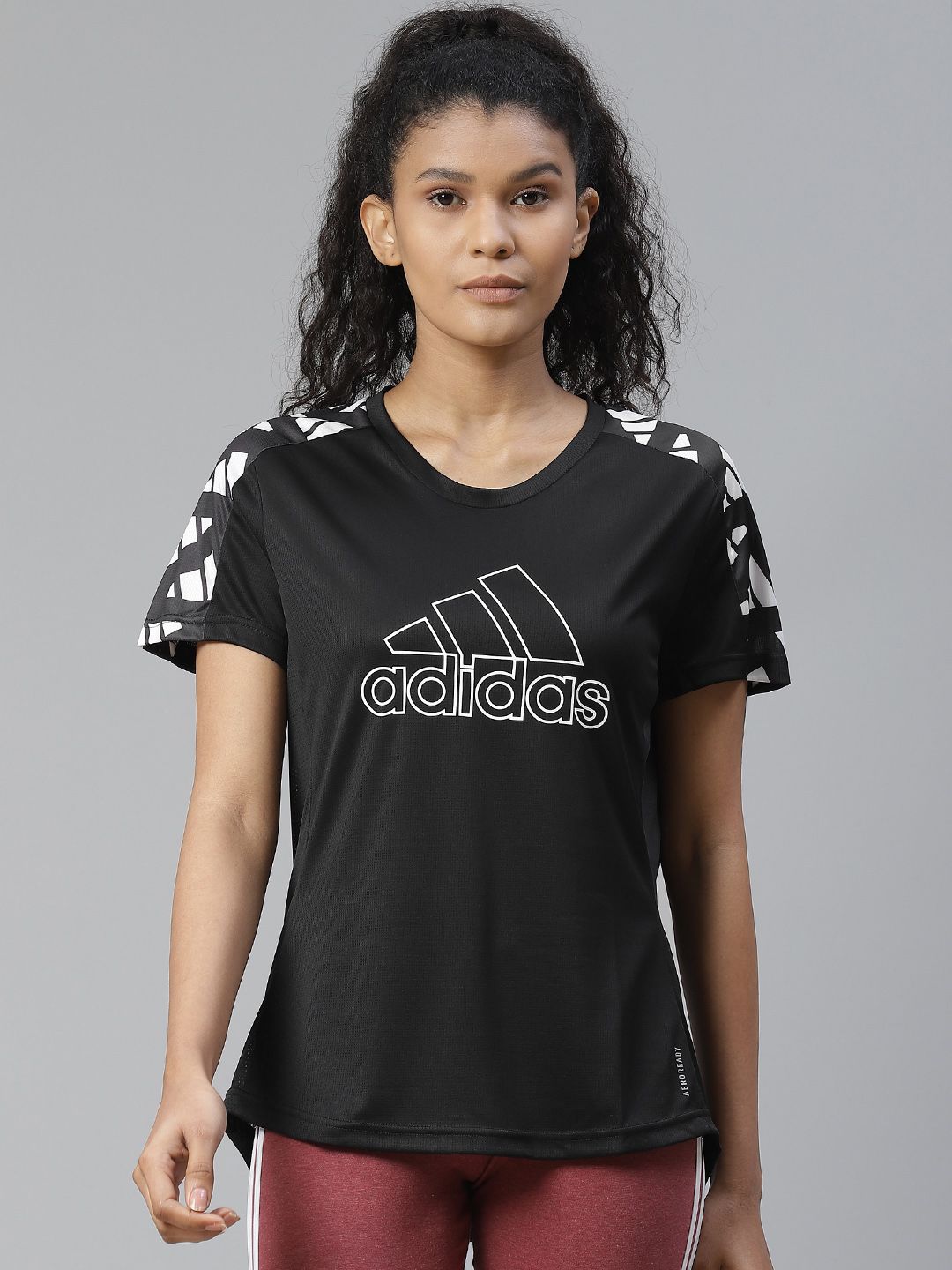 ADIDAS Women Black & White Own The Run Celebration Brand Logo Print Round Neck T-shirt