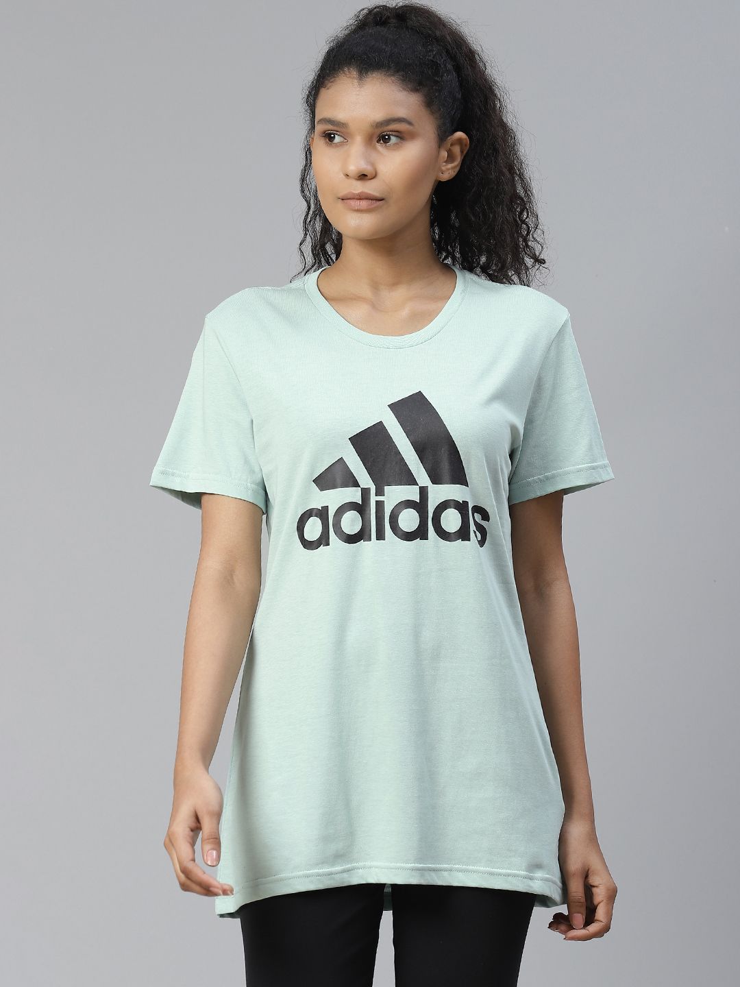 ADIDAS Women Mint Green Pure Cotton Brand Logo Print Training Pure Cotton T-shirt Price in India