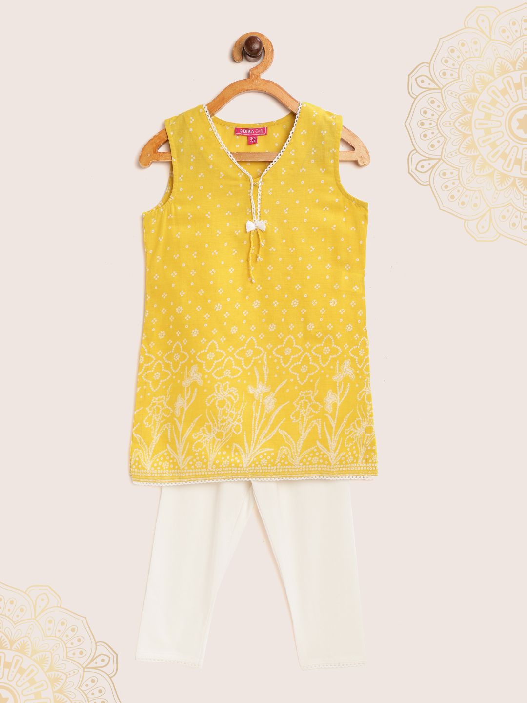 Biba Girls Mustard Yellow & Off-White Floral Bandhani Handcrafted Kurta with Churidar
