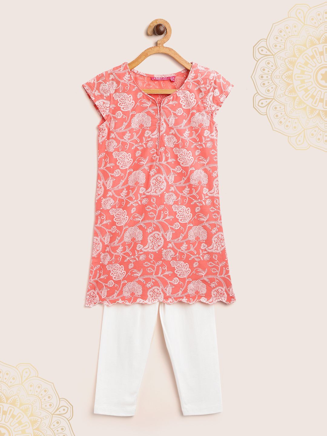 Biba Girls Coral Pink & White Ethnic Printed Kurta with Leggings