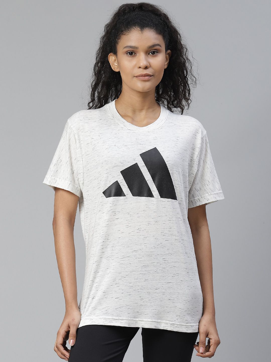 ADIDAS Women Off-White & Black Winners 2.0 Brand Logo Print Round Neck Sustainable T-shirt Price in India