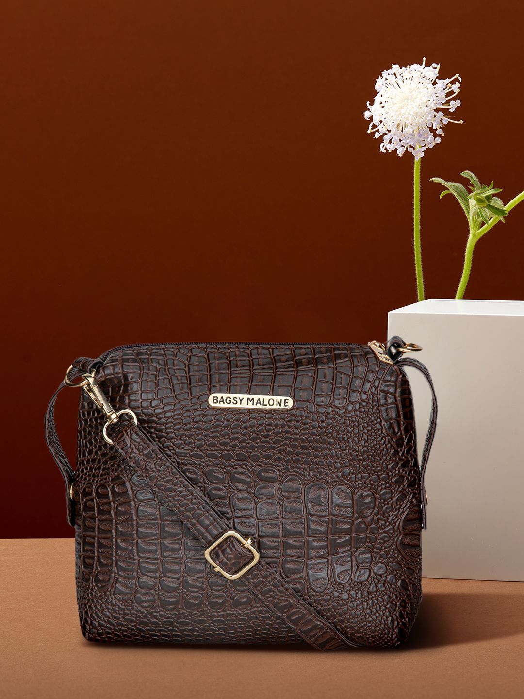 Bagsy Malone Brown Textured Sling Bag Price in India