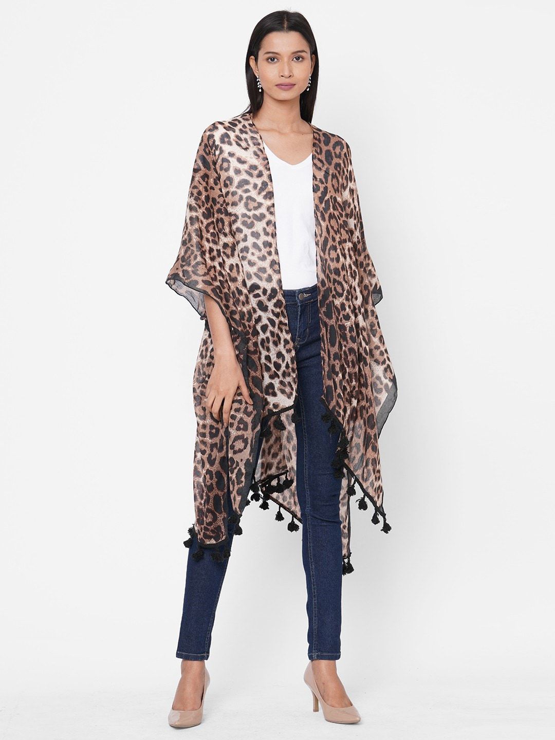 Get Wrapped Woman Brown Animal Printed Shrug with Pom Pom Trim Price in India