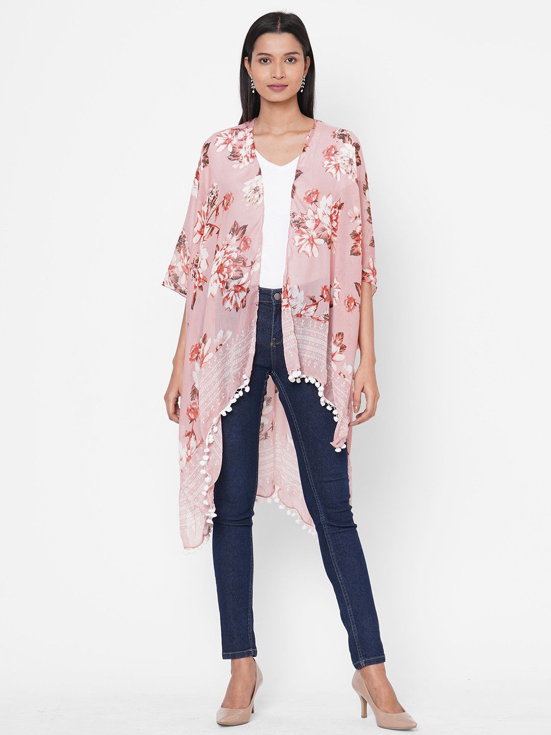 Get Wrapped Women Pink & Brown Floral Printed Kimono Shrug Price in India