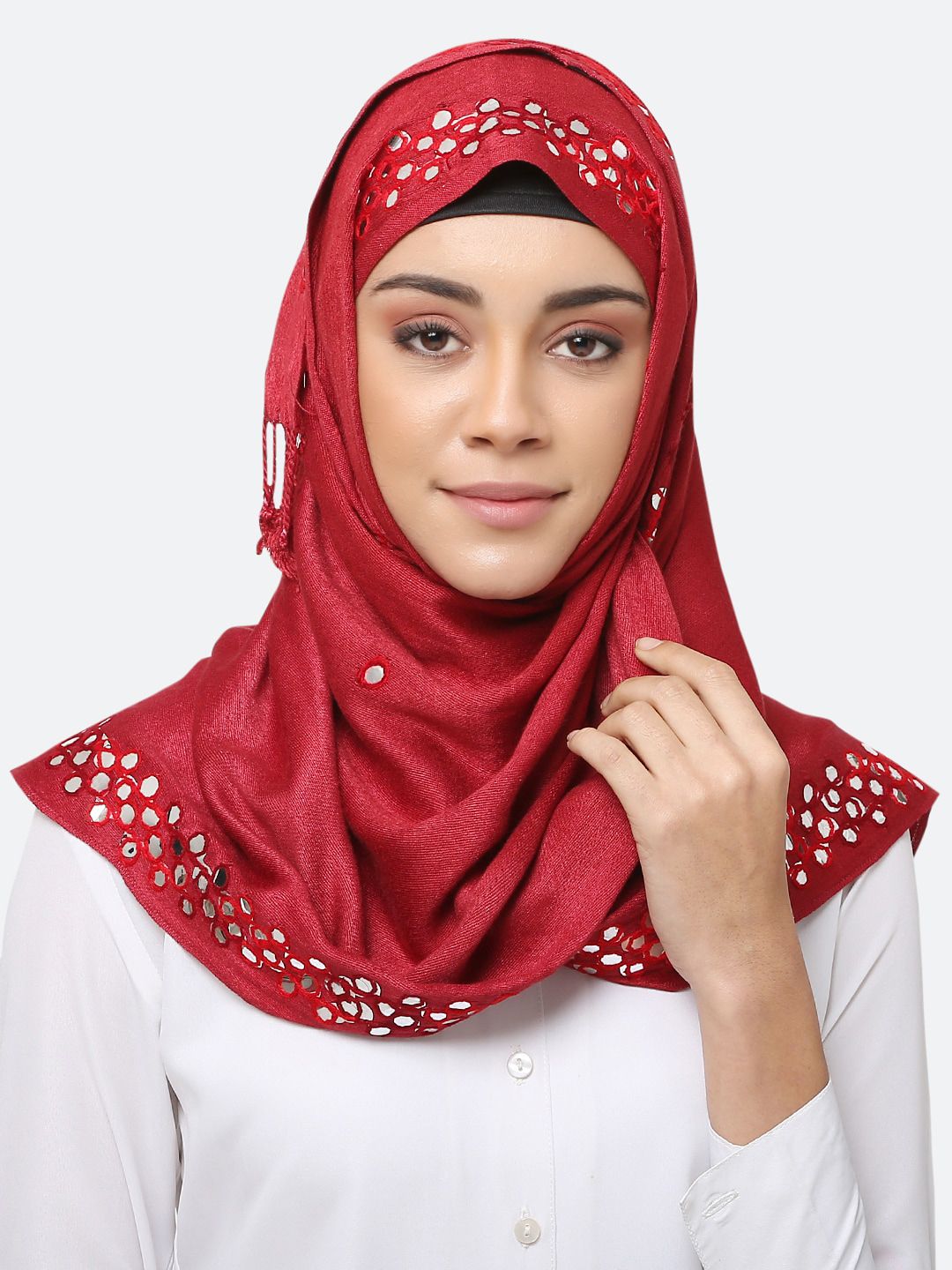 MOMIN LIBAS Women Maroon & White Embroidered Hijab Scarf Price in India