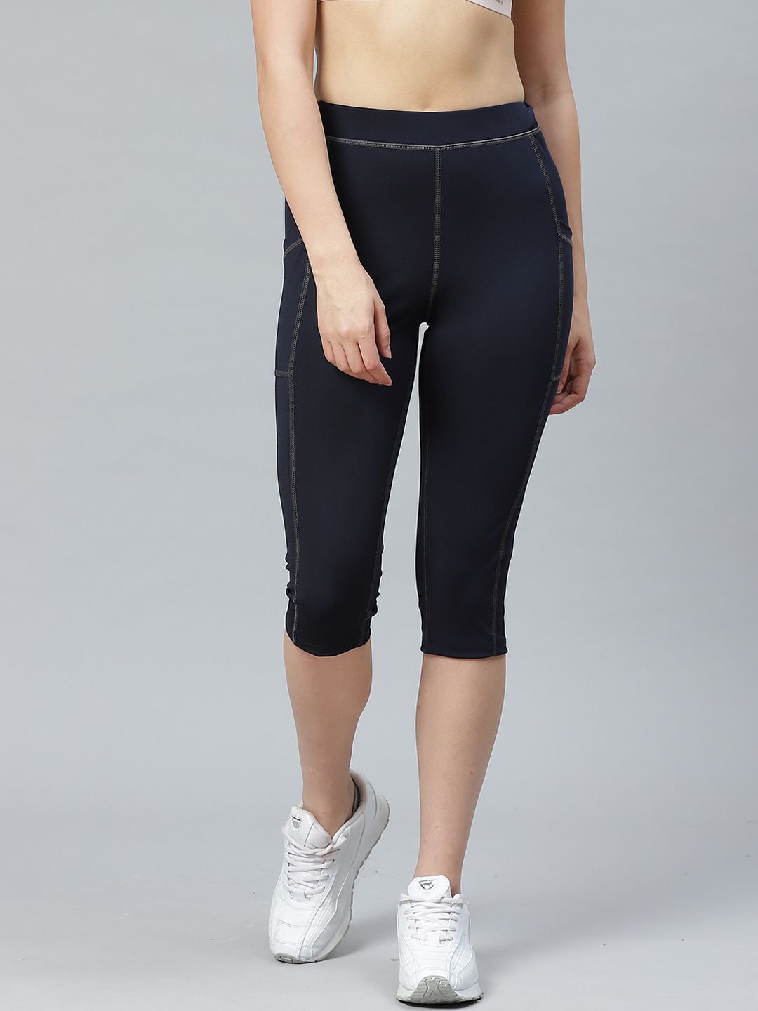 Chkokko Women Navy 3/4th Solid Workout Tights Price in India