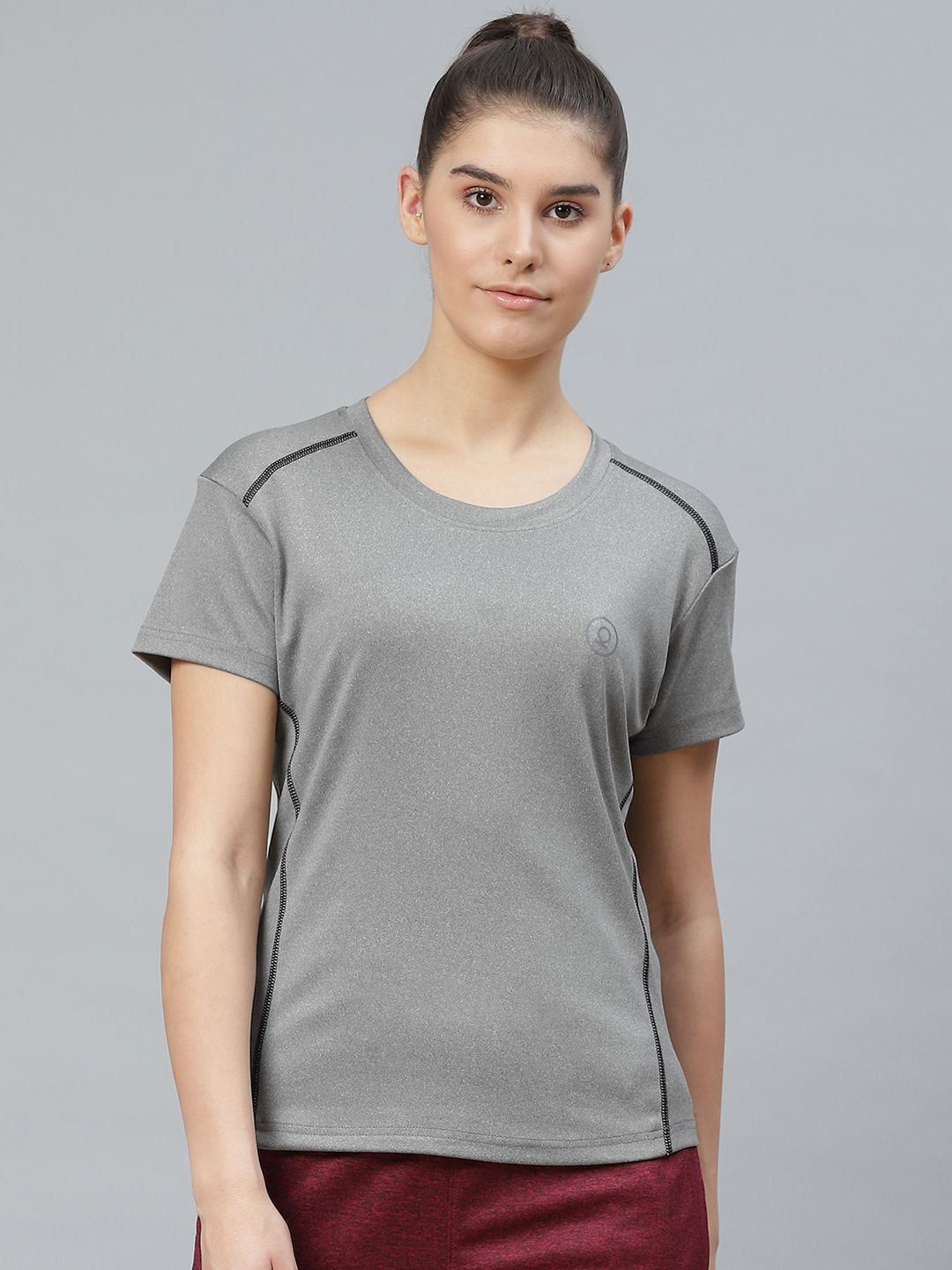 Chkokko Women Grey Melange Solid Round Neck Sports T-shirt Price in India