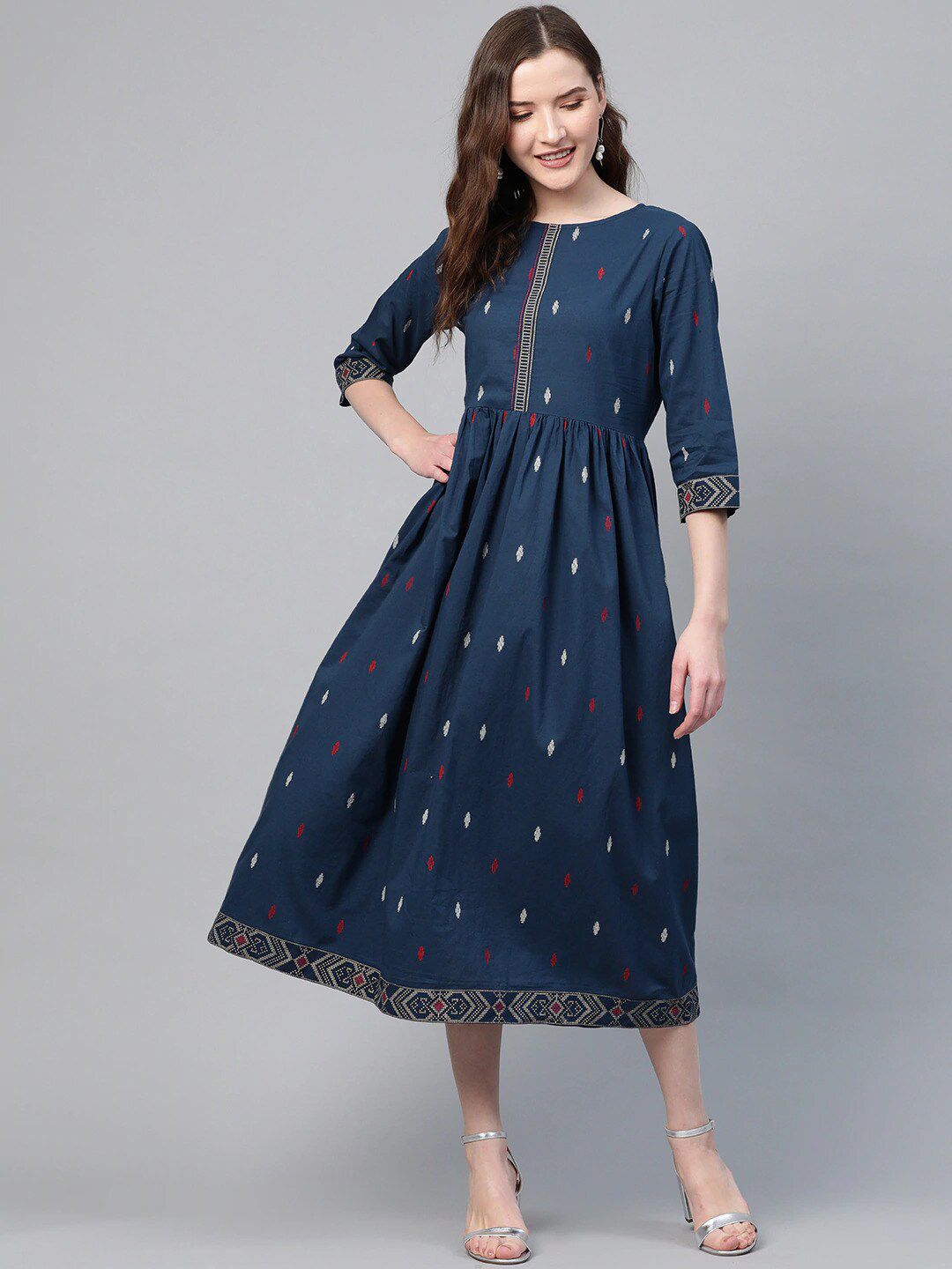 Yuris Navy Blue & Off-White Geometric Printed Cotton Fit and Flare Dress Price in India