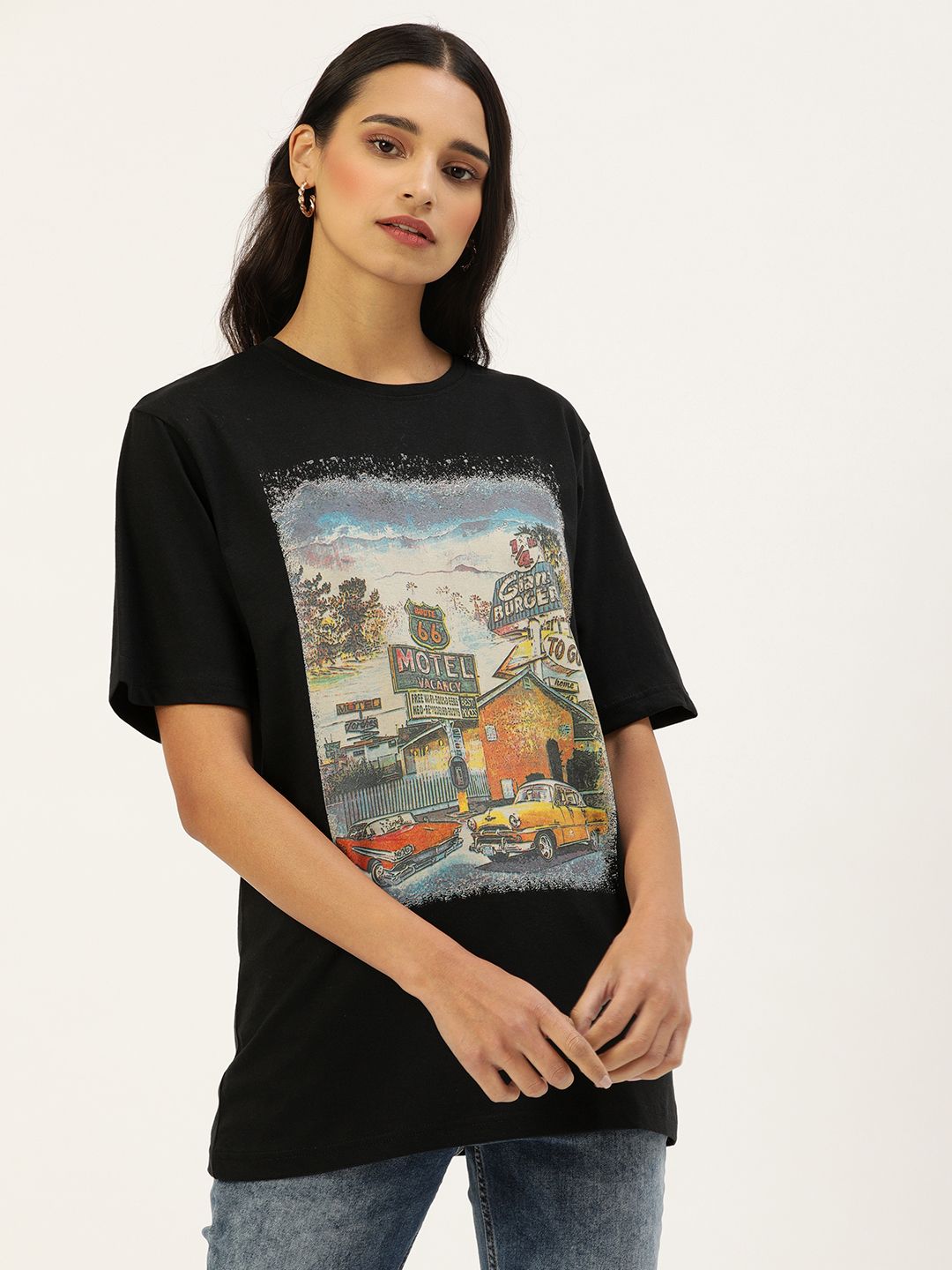 DILLINGER Women Black Printed Longline Oversized Cotton Pure Cotton T-shirt Price in India