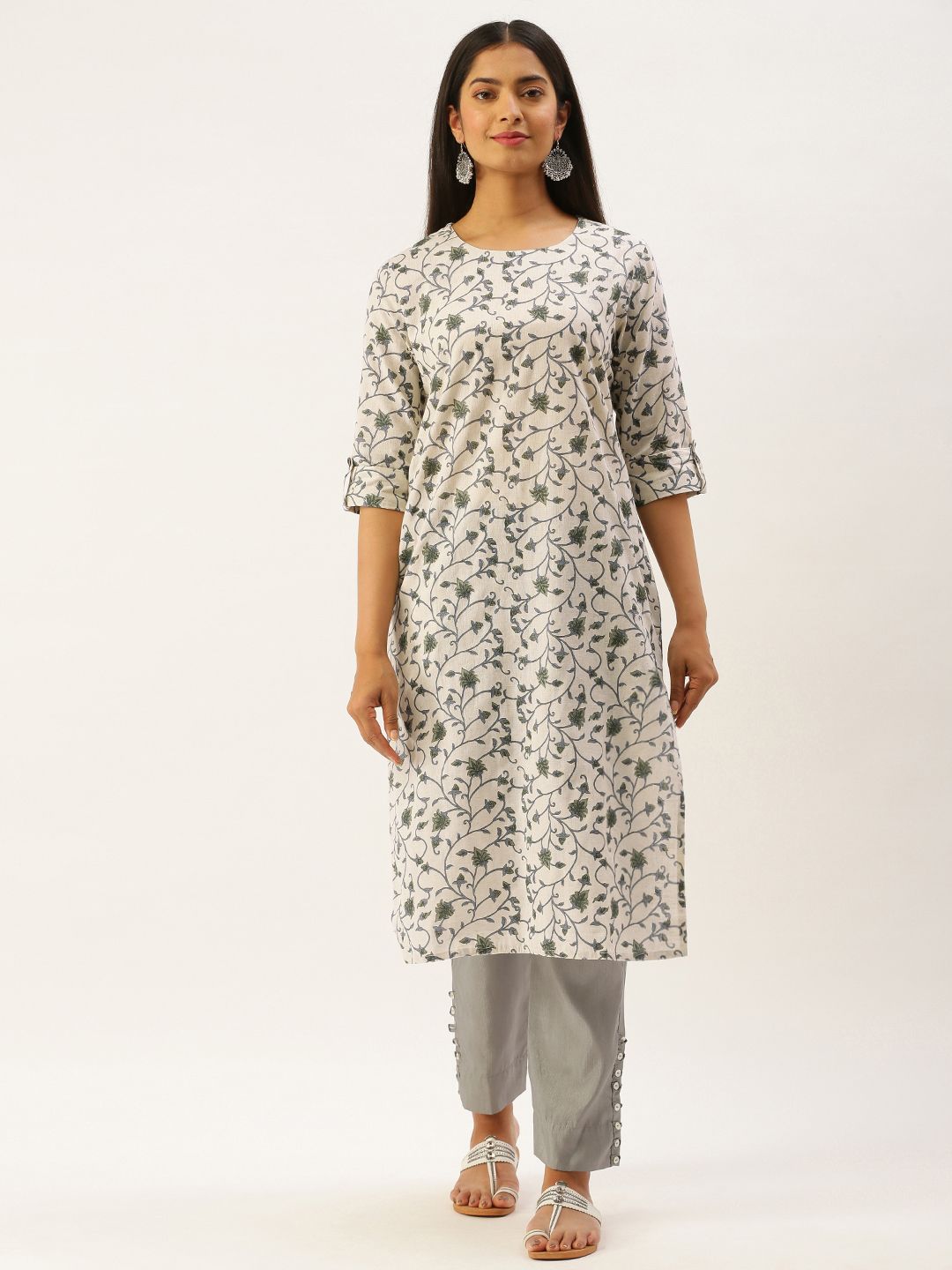 AMUKTI Women Off White & Green Floral Print Roll-Up Sleeves Kurta