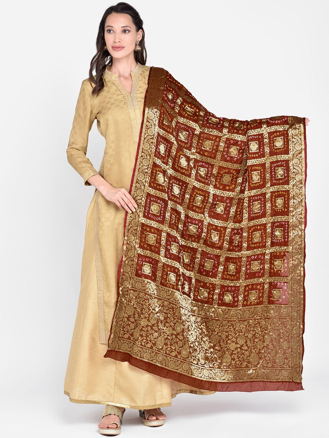 Dupatta Bazaar Maroon & Gold-Toned Banarasi Bhandej Gharchola Silk Dupatta Price in India