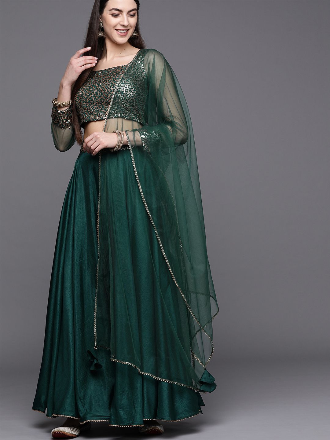 Inddus Green Embellished Semi-Stitched Lehenga & Blouse with Dupatta Price in India