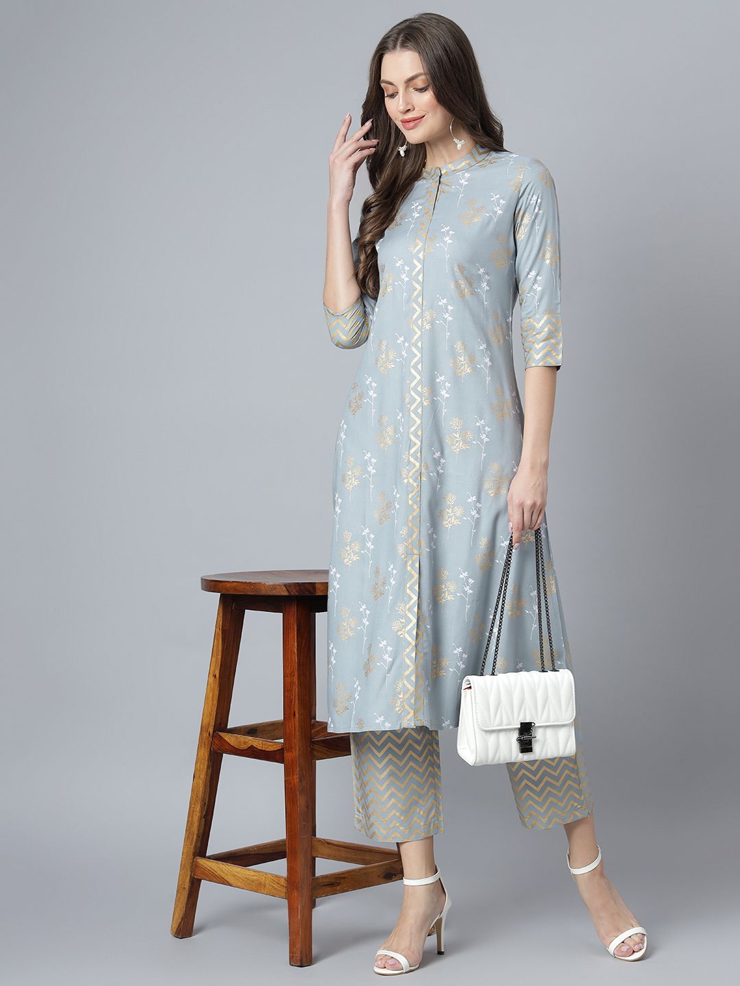 Khushal K Women Grey Printed Kurta with Palazzos Price in India