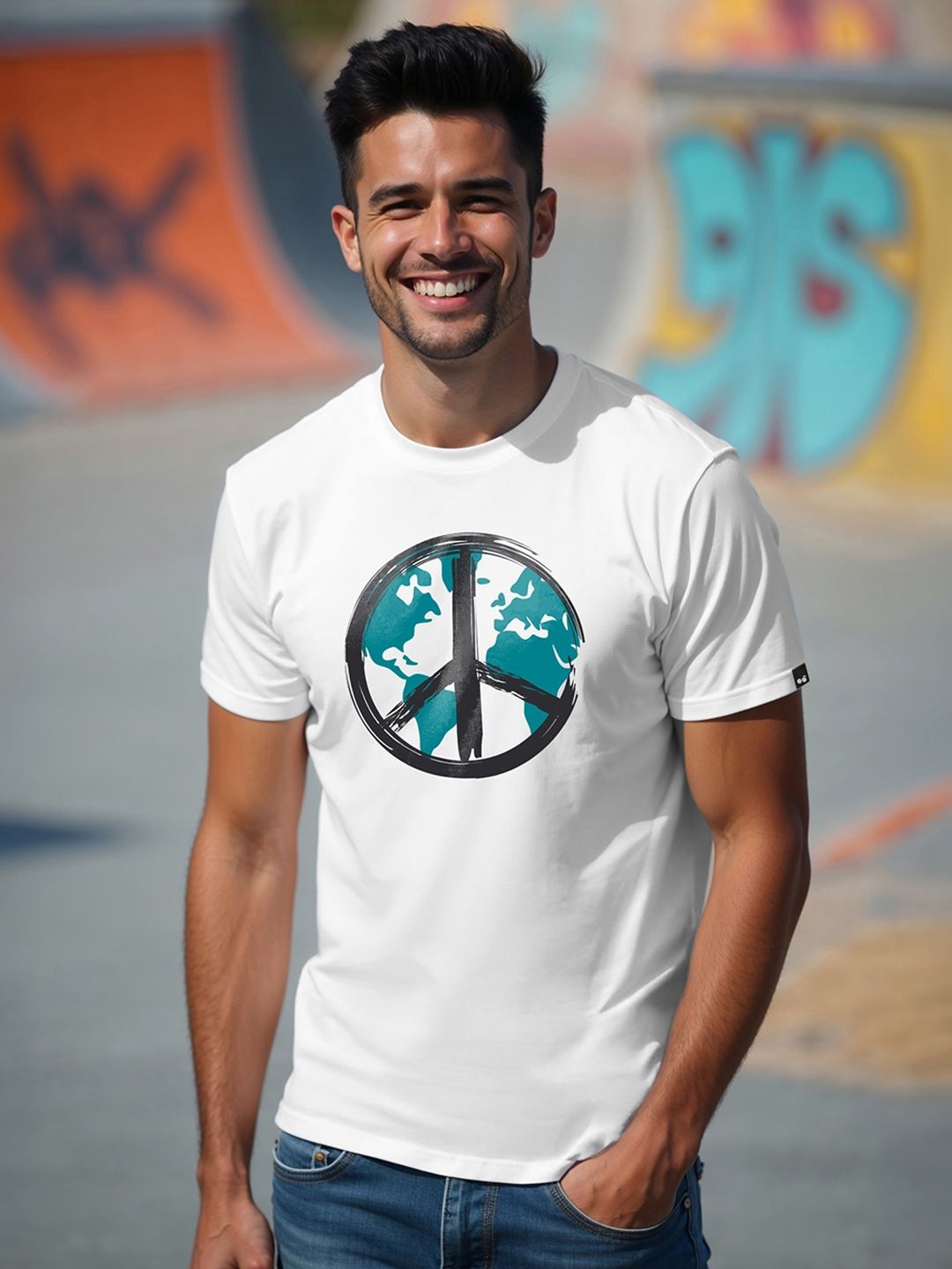 Bewakoof Men White World Peace Printed Round Neck Pure Cotton T-shirt