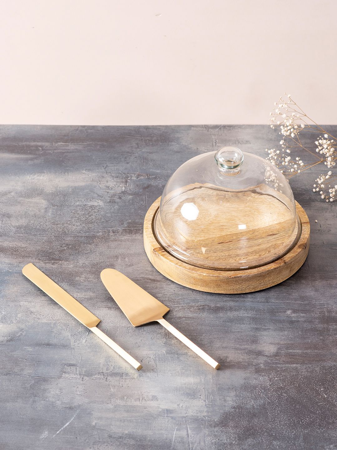 nestroots Brown Wooden Cake Stand With Knife & Server Price in India