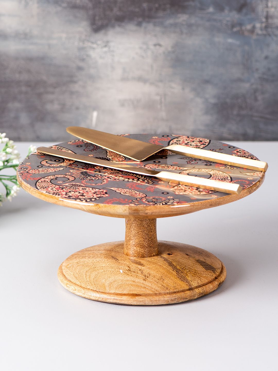 nestroots Gold-Toned & Teal Blue Printed Wood & Stainless Steel Cake Stand Set Price in India