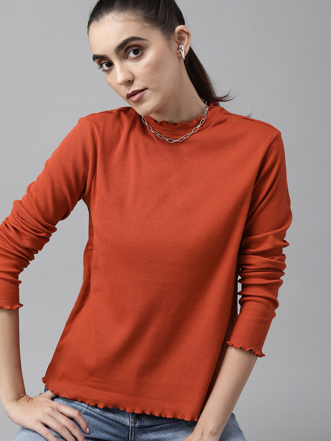 Roadster Rust Orange Ribbed Top with Lettuce Edges Price in India