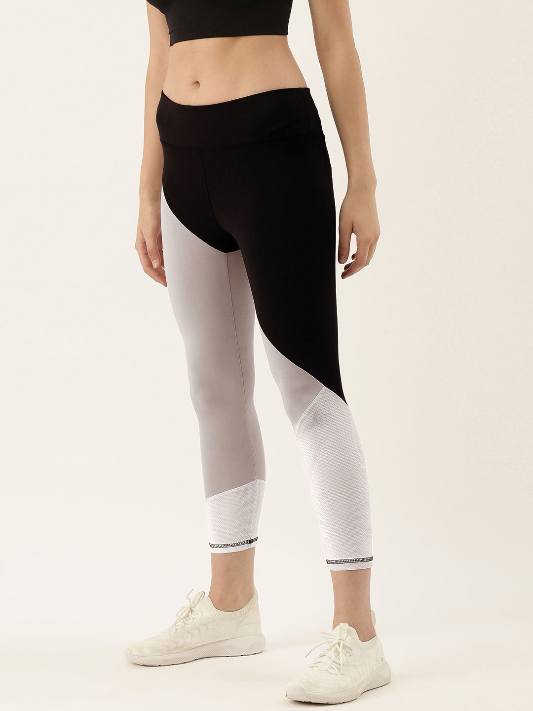 Campus Sutra Women Black & White Colourblocked Training Cropped Tights Price in India