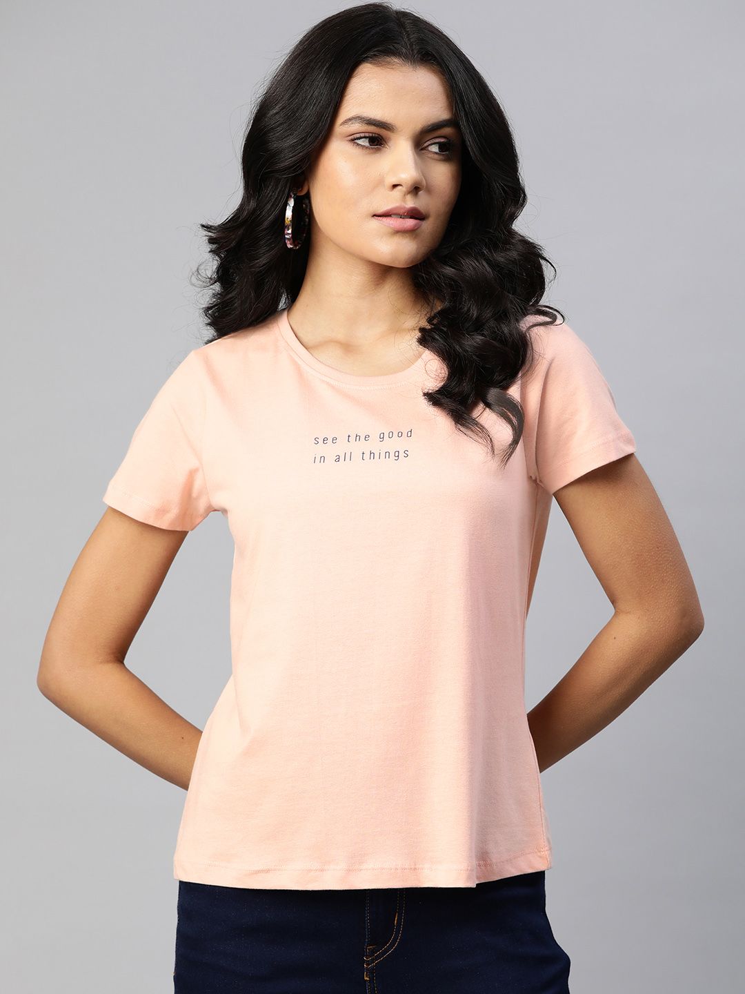 Metronaut Women Peach-Coloured Pure Cotton Printed Detail T-shirt