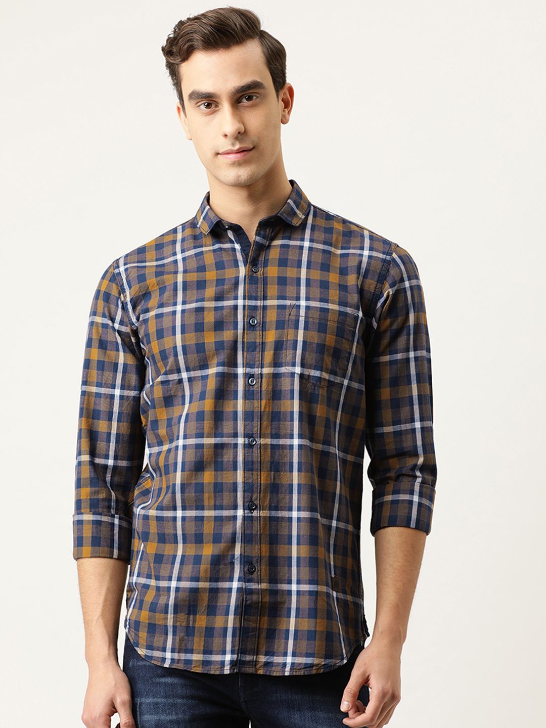 CAHOOT Men Navy Blue & Mustard Yellow Regular Fit Checked Casual Shirt