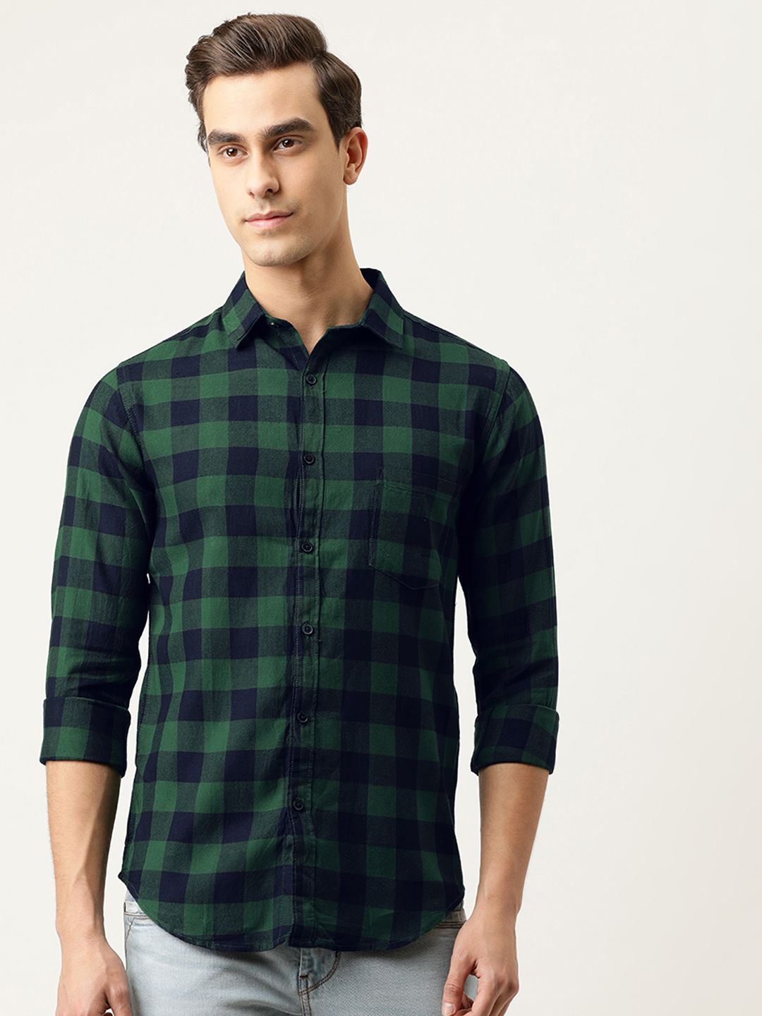 CAHOOT Men Green & Blue Regular Fit Checked Casual Shirt