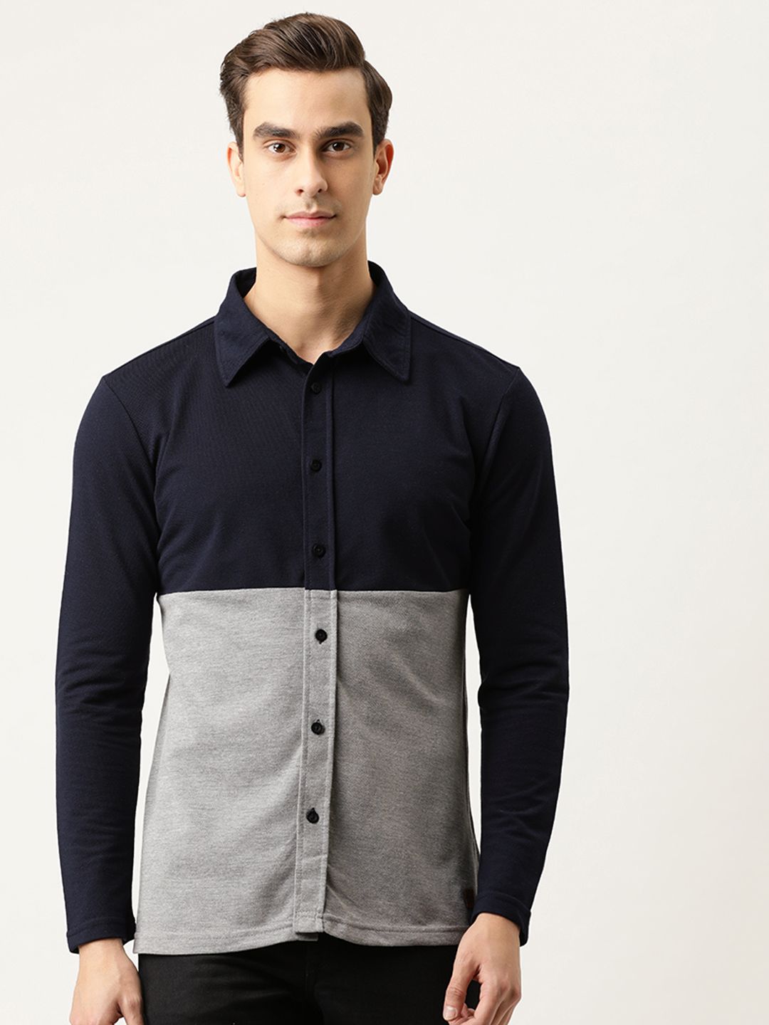 CAHOOT Men Navy Blue & Grey Colourblocked Regular Fit  Casual Shirt