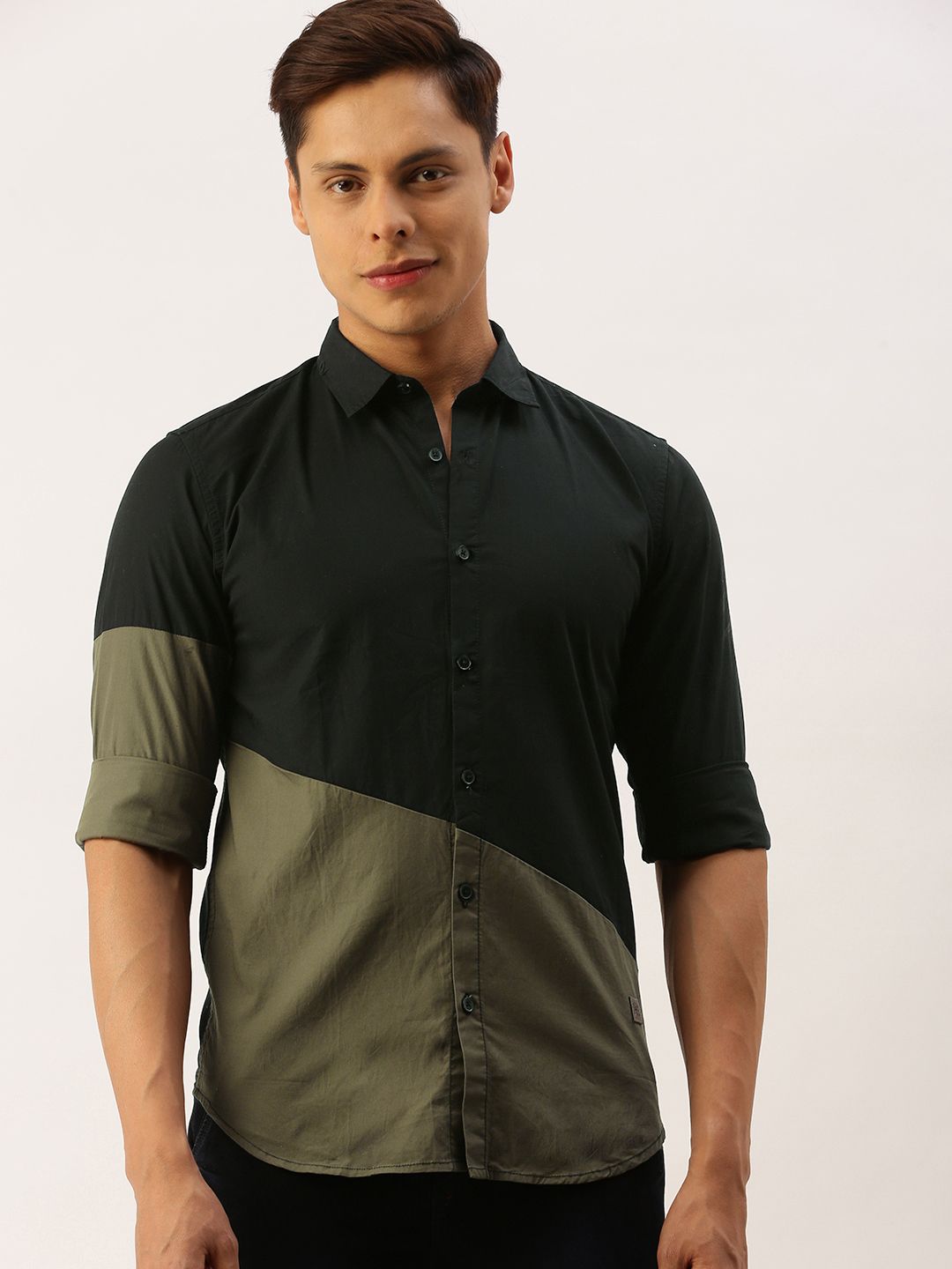 CAHOOT Men Black & Olive Green Regular Fit Cotton Colourblocked Casual Shirt