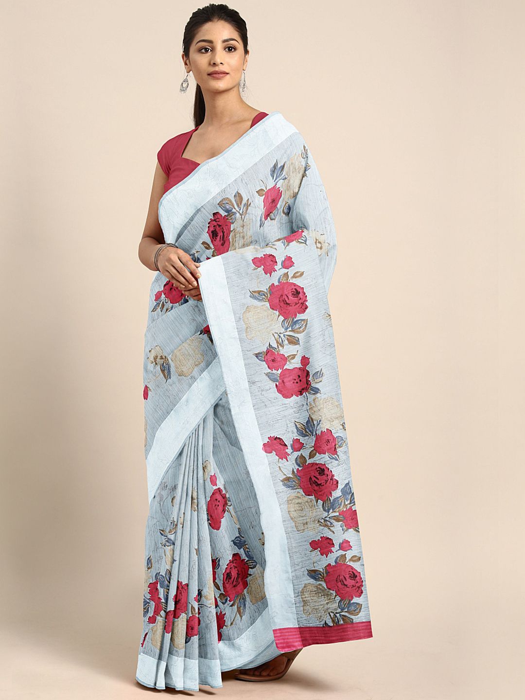 KALINI Blue & Red Cotton Blend Floral Printed Taant Saree