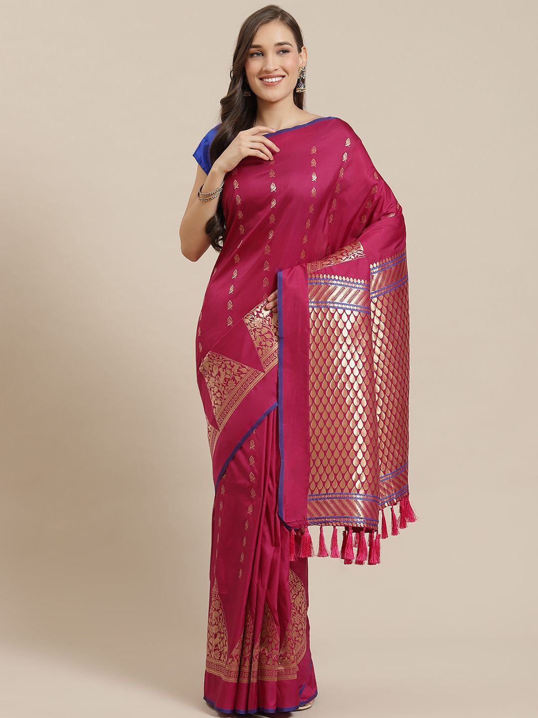 Mitera Magenta & Gold-Toned Silk Blend Woven Design Banarasi Saree Price in India